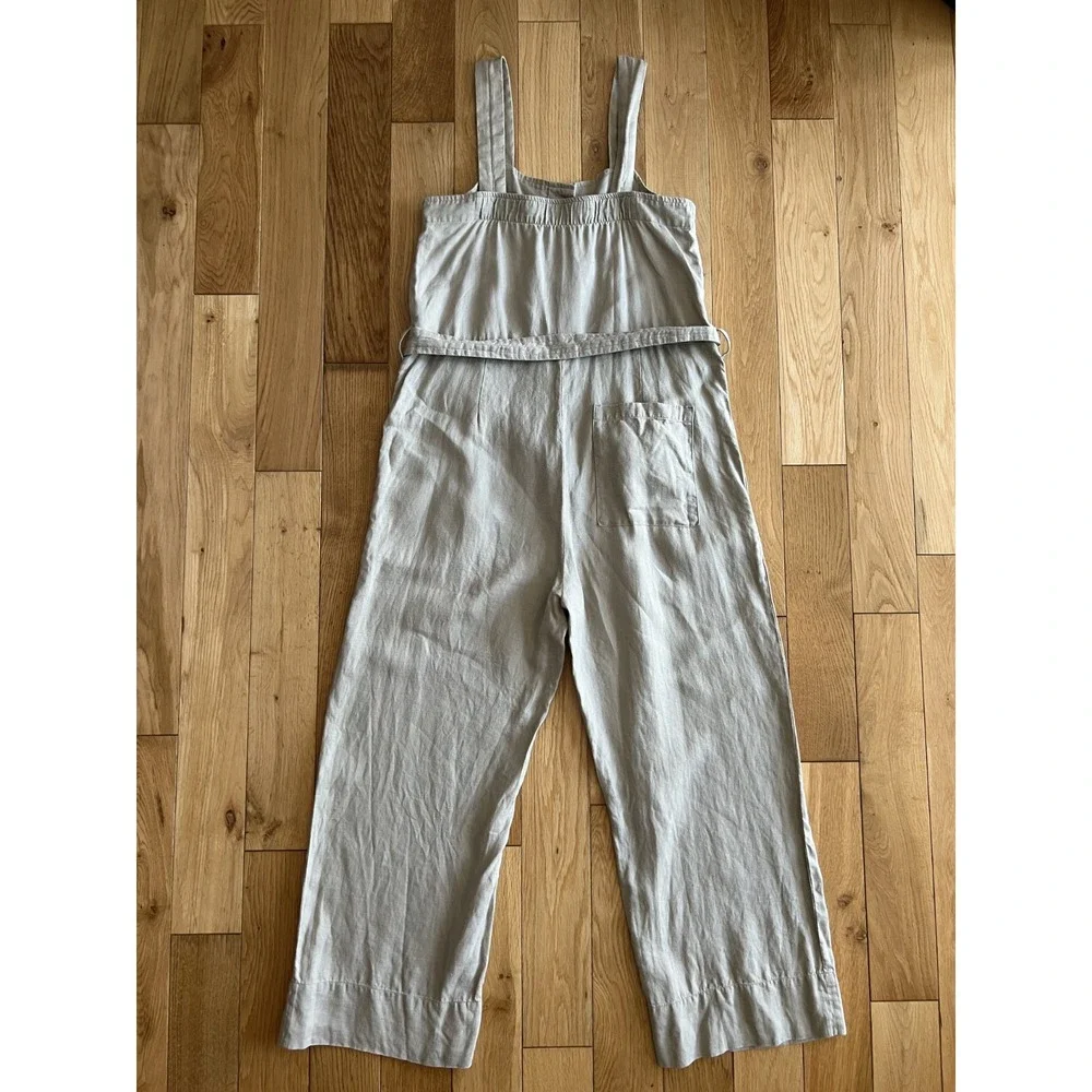 Everlane 100% Linen Picnic Jumpsuit Seagrass Beige Cropped Tie Waist Wide Leg 2